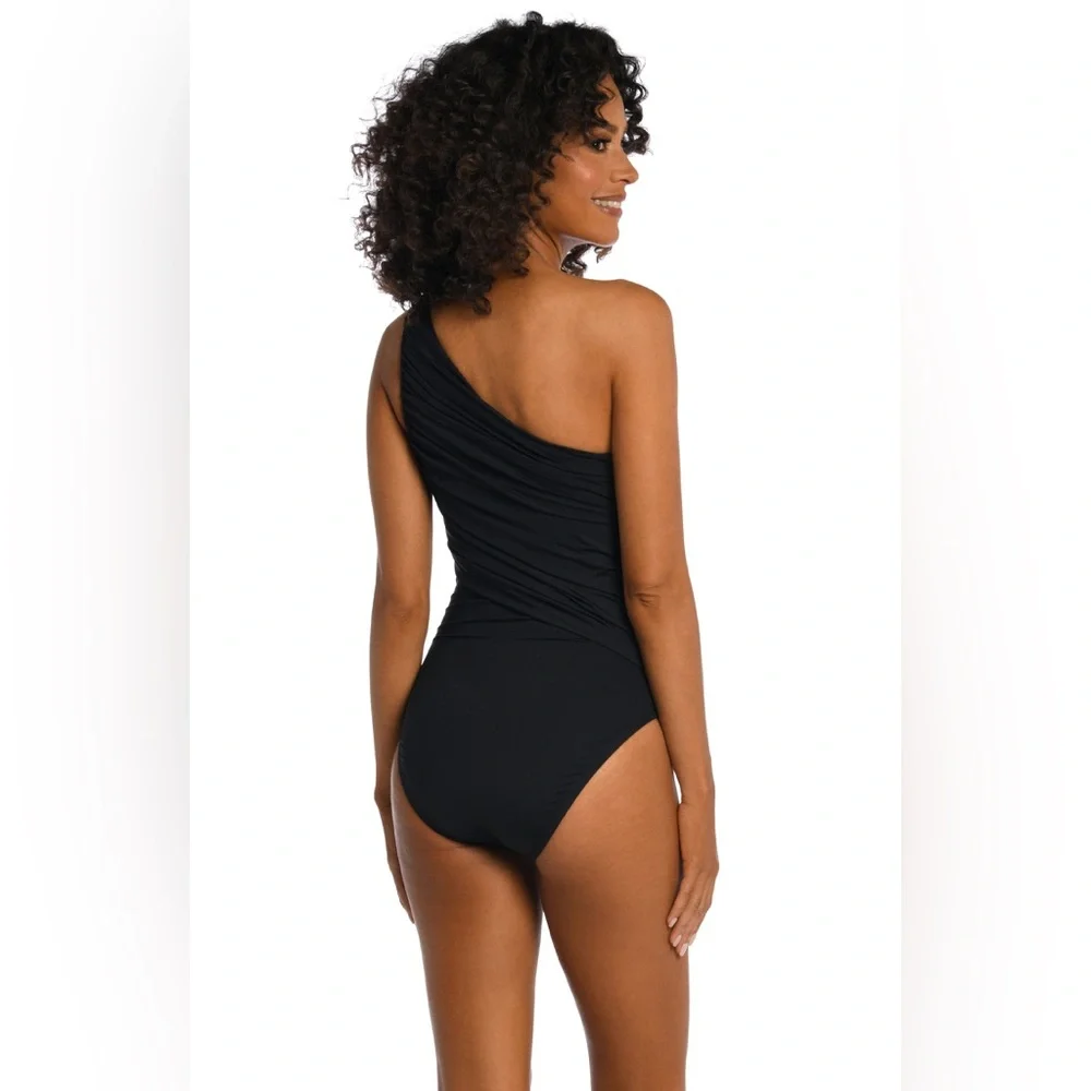 La Blanca Island Goddess Shirred One Shoulder One Piece - Black, Size 6, $120
